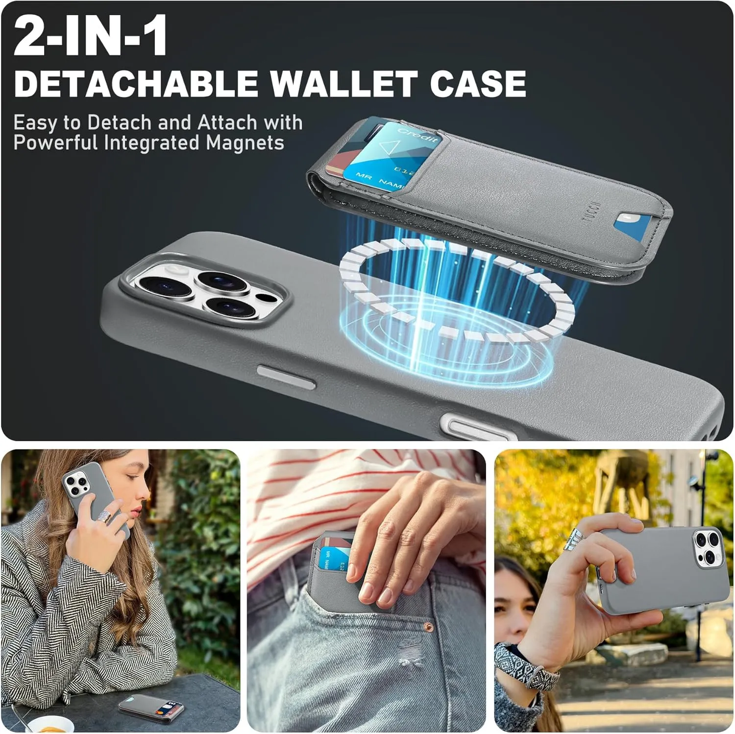 TUCCH PU Leather Case for iPhone 16 Pro (6.3") 2024 with Detachable Magnetic Wallet Stand with [5 Card Holders] [RFID Blocking] [Wireless Charging], Slim Anti-Slip Cover for iPhone 16 Pro, Iron Grey
