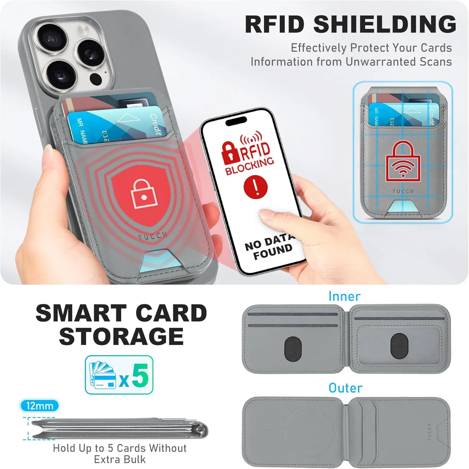 TUCCH PU Leather Case for iPhone 16 Pro (6.3") 2024 with Detachable Magnetic Wallet Stand with [5 Card Holders] [RFID Blocking] [Wireless Charging], Slim Anti-Slip Cover for iPhone 16 Pro, Iron Grey