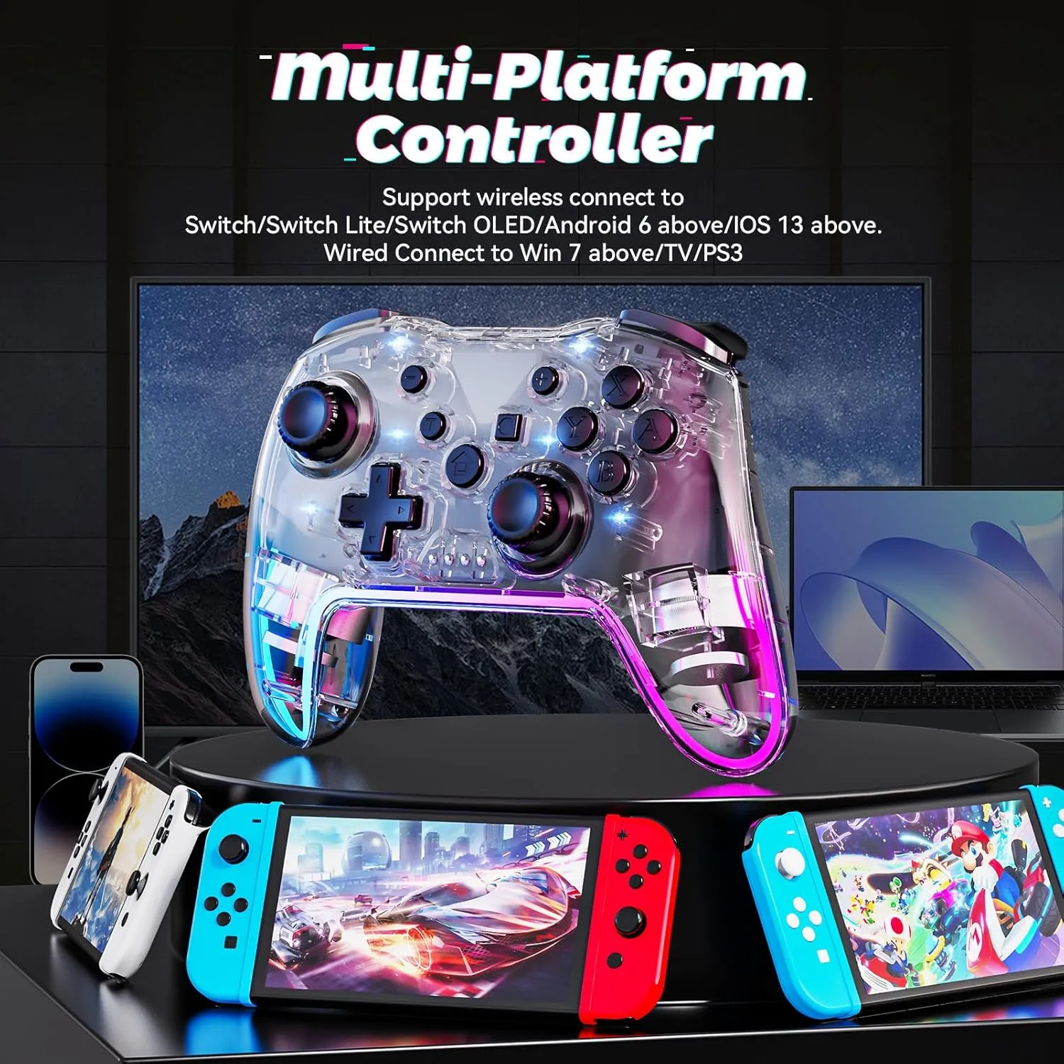Twylyte Wireless Controller for Switch/Lite/OLED & PC/iOS/Android, RGB Backlight with 7 Colors, Adjustable Turbo & Vibration, One-Button Wake-Up, Ergonomic Design for Switch/PC/Mobile Gaming