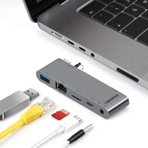 USB C Hub for MacBook Pro M3 M2 M1, 5-in-1 Multiport Adapter, USB C to 1000M Ethernet, Thunderbolt 3 PD, USB 3.0 Port, Micro SD Card Reader, 3.5mm Audio Jack