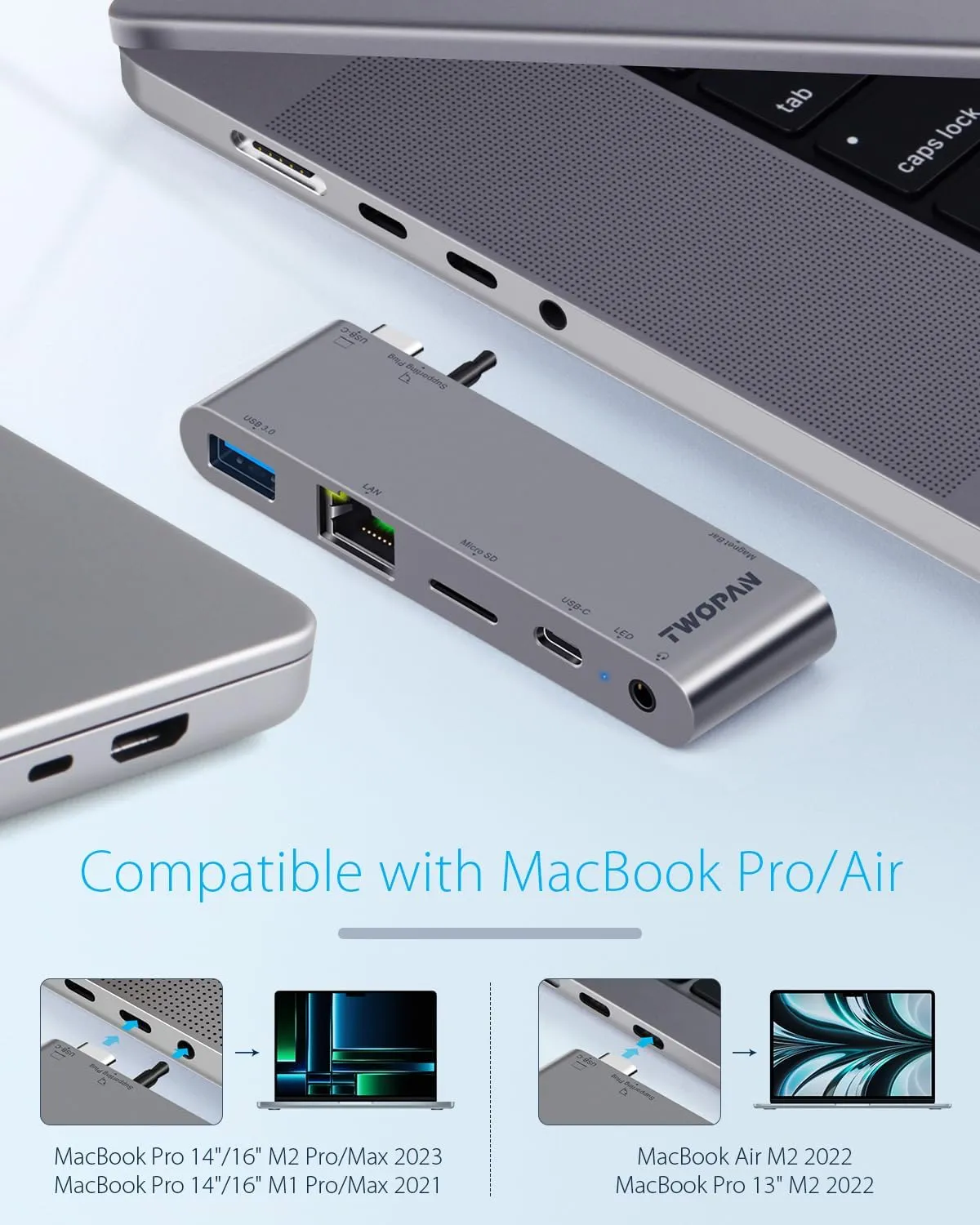 USB C Hub for MacBook Pro M3 M2 M1, 5-in-1 Multiport Adapter, USB C to 1000M Ethernet, Thunderbolt 3 PD, USB 3.0 Port, Micro SD Card Reader, 3.5mm Audio Jack