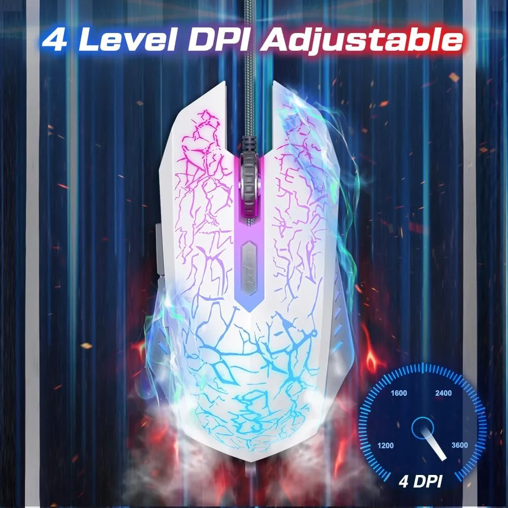 VersionTECH. Wired Gaming Mouse, Computer Mouse Ergonomic Mice with 7 LED Lights RGB Backlit, 6 Programmable Buttons, 4 Adjustable DPI for Laptop PC Gamer Desktop Chromebook Mac Games-White