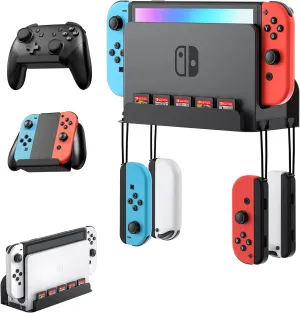 Wall Mount for Nintendo Switch and Switch OLED with 2 Controller Wall Holders, Metal Wall Mount Kit Stand with 5 Game Card and 4 JoyCon Shelfs, Safely Store Console Near or Behind TV, Black