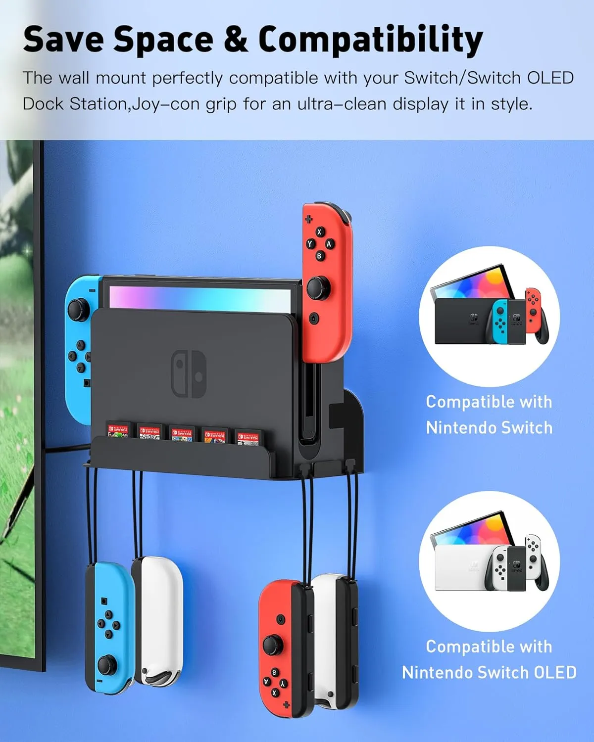 Wall Mount for Nintendo Switch and Switch OLED with 2 Controller Wall Holders, Metal Wall Mount Kit Stand with 5 Game Card and 4 JoyCon Shelfs, Safely Store Console Near or Behind TV, Black