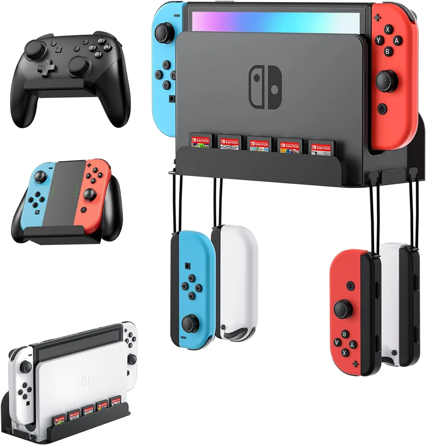 Wall Mount for Nintendo Switch and Switch OLED with 2 Controller Wall Holders, Metal Wall Mount Kit Stand with 5 Game Card and 4 JoyCon Shelfs, Safely Store Console Near or Behind TV, Black
