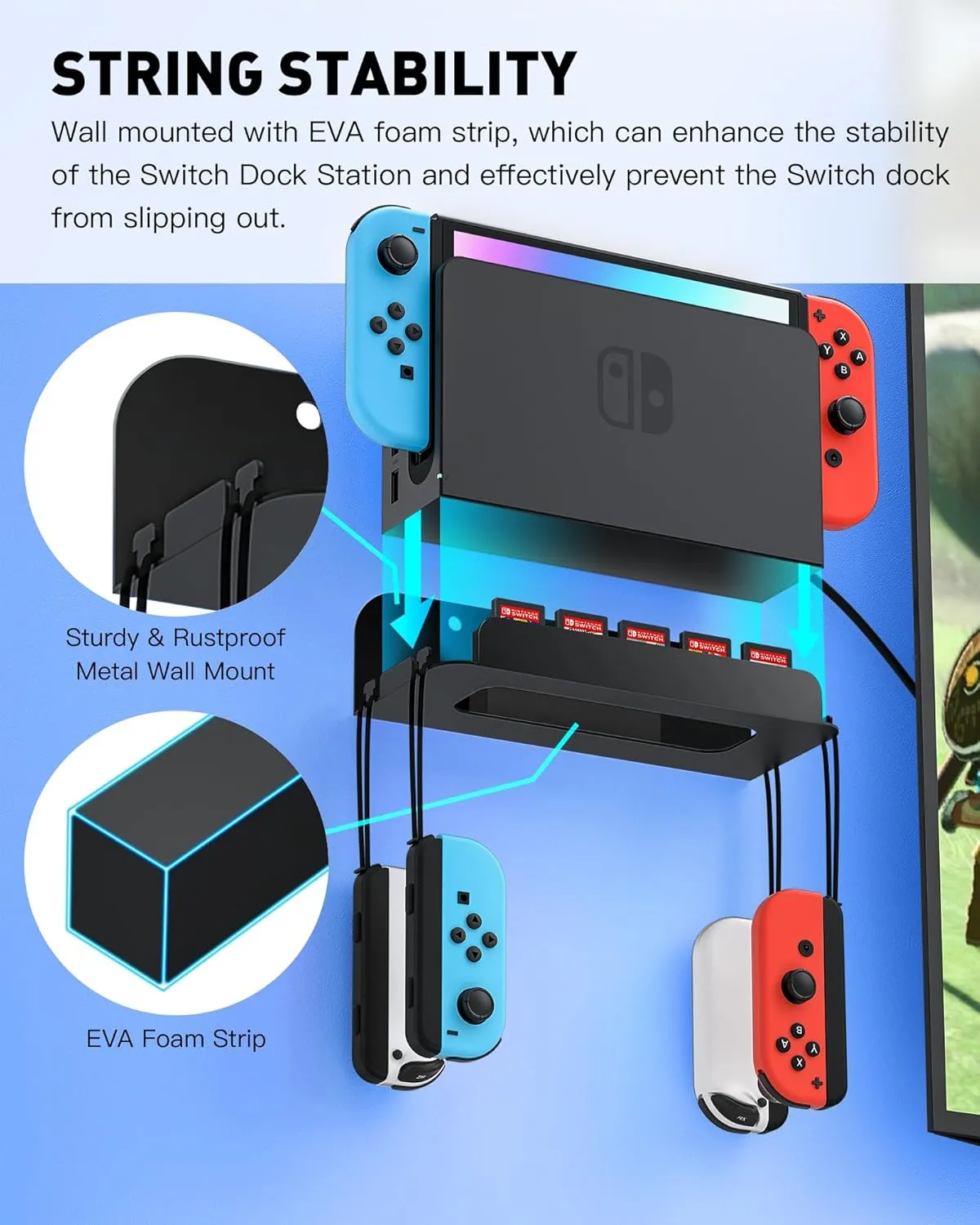 Wall Mount for Nintendo Switch and Switch OLED with 2 Controller Wall Holders, Metal Wall Mount Kit Stand with 5 Game Card and 4 JoyCon Shelfs, Safely Store Console Near or Behind TV, Black