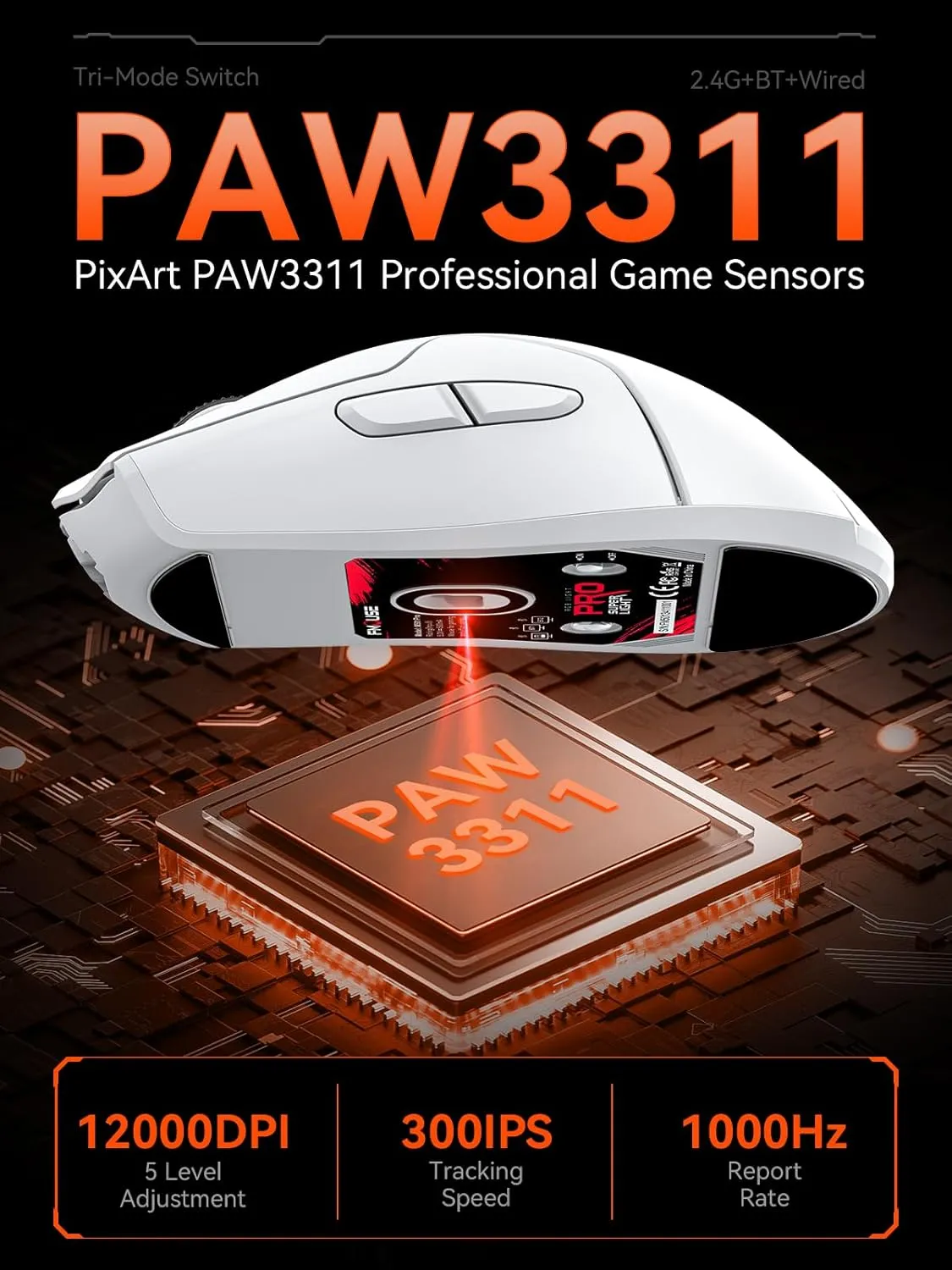White Wireless Gaming Mouse, Tri Mode (2.4G/Bluetooth/Wired), PAW3311 Sensor, 12,000 DPI, 1,000Hz, 6 Programmable Buttons, USB C Rechargeable, Ergonomic Gamers Optical Mice for PC/Laptop/Mac