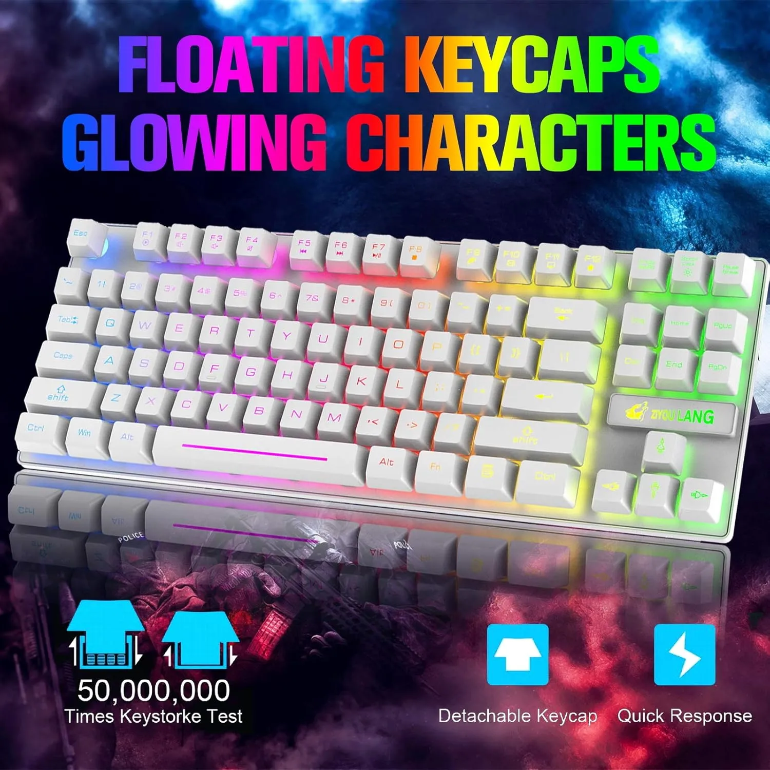 Wireless Gaming Keyboard and Mouse Combo with 87 Key Rainbow LED Backlight Rechargeable 3800mAh Battery Mechanical Feel Anti-ghosting Ergonomic Waterproof RGB Mute Mice for Computer PC Gamer (White)