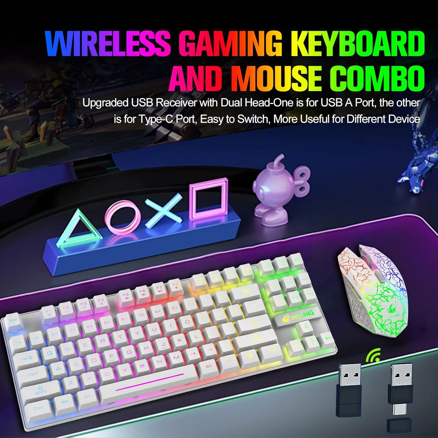 Wireless Gaming Keyboard and Mouse Combo with 87 Key Rainbow LED Backlight Rechargeable 3800mAh Battery Mechanical Feel Anti-ghosting Ergonomic Waterproof RGB Mute Mice for Computer PC Gamer (White)
