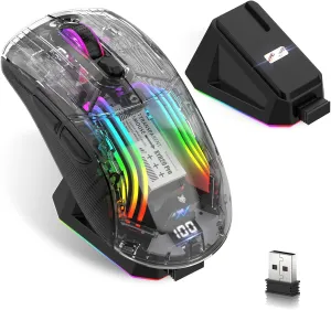 Wireless Gaming Mouse with Transparent RGB Mechanical, Tri-Mode 2.4GHz/Bluetooth/Wired Mouse, Charging Base, Digital Display,Silent Mice, 7 Buttons, Computer Mouse for Gaming and Esports (Black)
