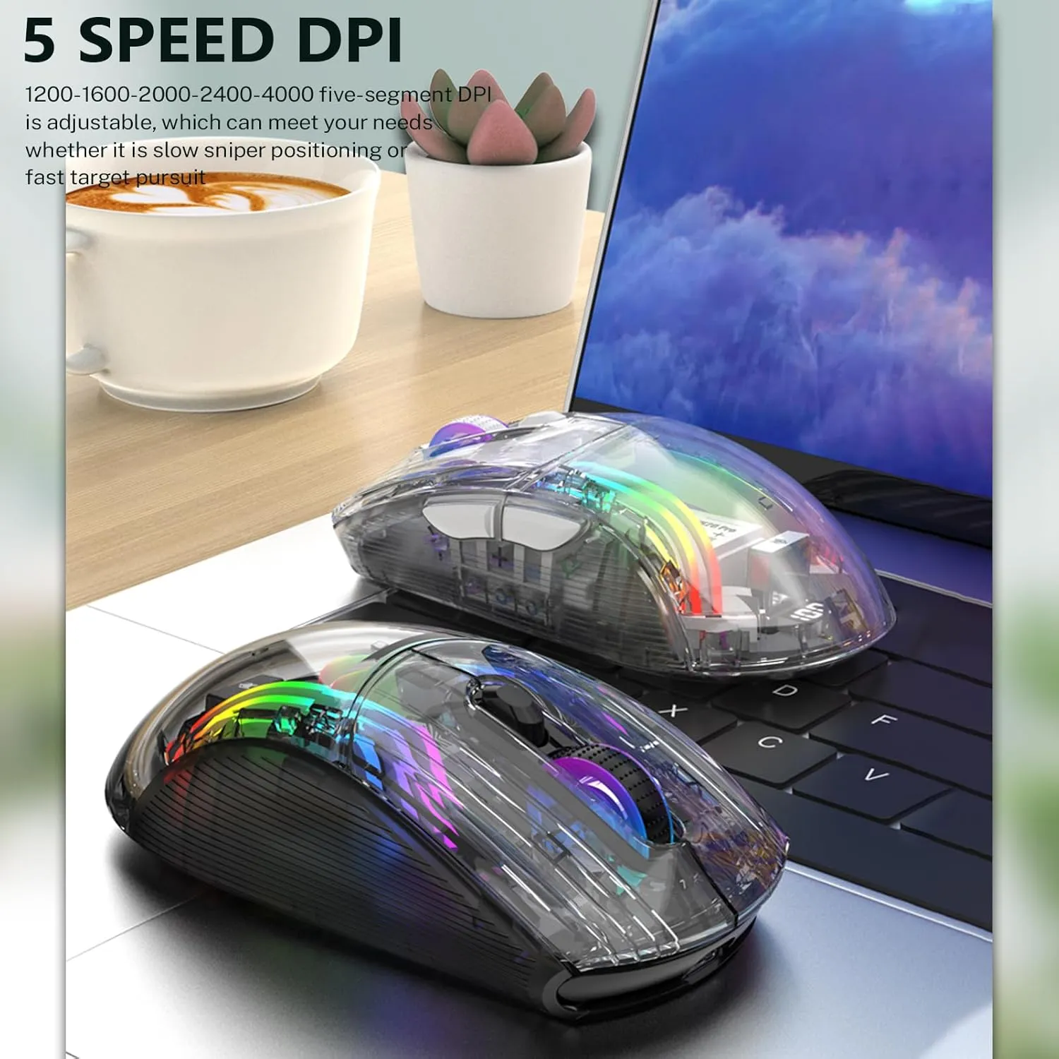 Wireless Gaming Mouse with Transparent RGB Mechanical, Tri-Mode 2.4GHz/Bluetooth/Wired Mouse, Charging Base, Digital Display,Silent Mice, 7 Buttons, Computer Mouse for Gaming and Esports (Black)