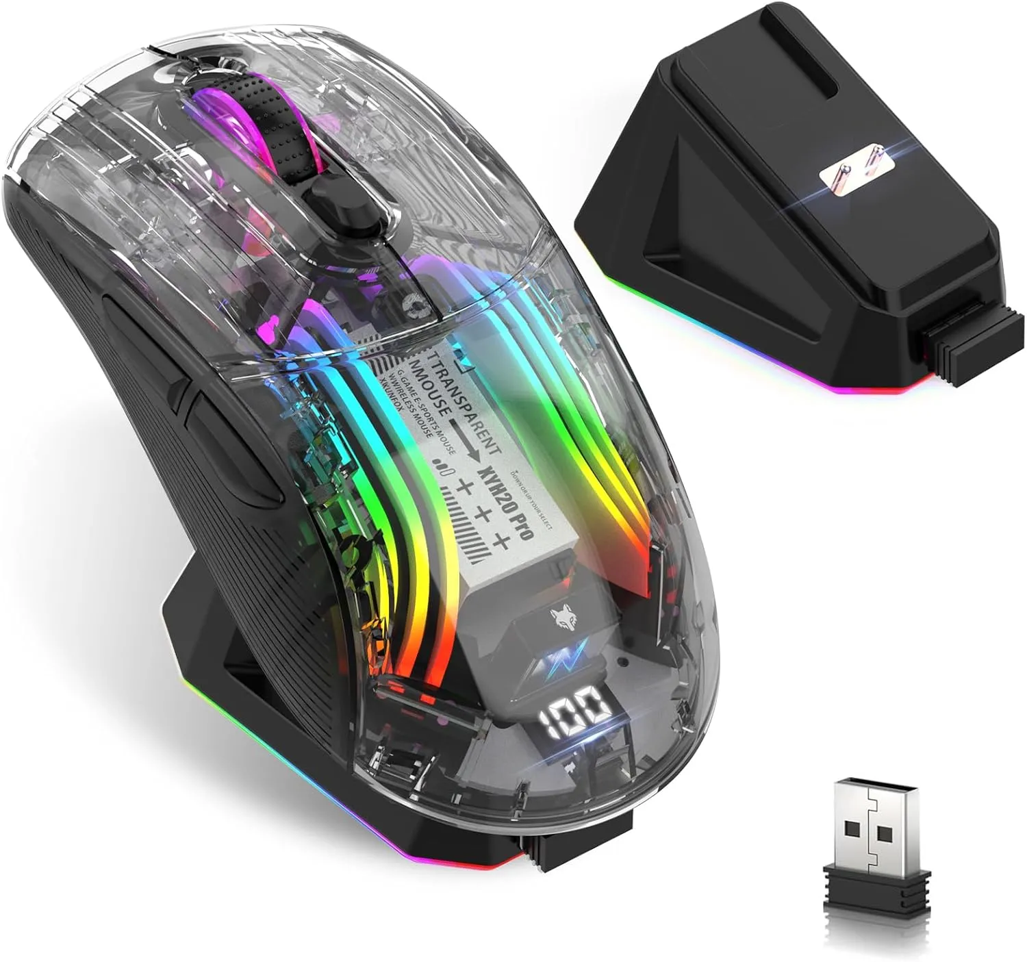 Wireless Gaming Mouse with Transparent RGB Mechanical, Tri-Mode 2.4GHz/Bluetooth/Wired Mouse, Charging Base, Digital Display,Silent Mice, 7 Buttons, Computer Mouse for Gaming and Esports (Black)