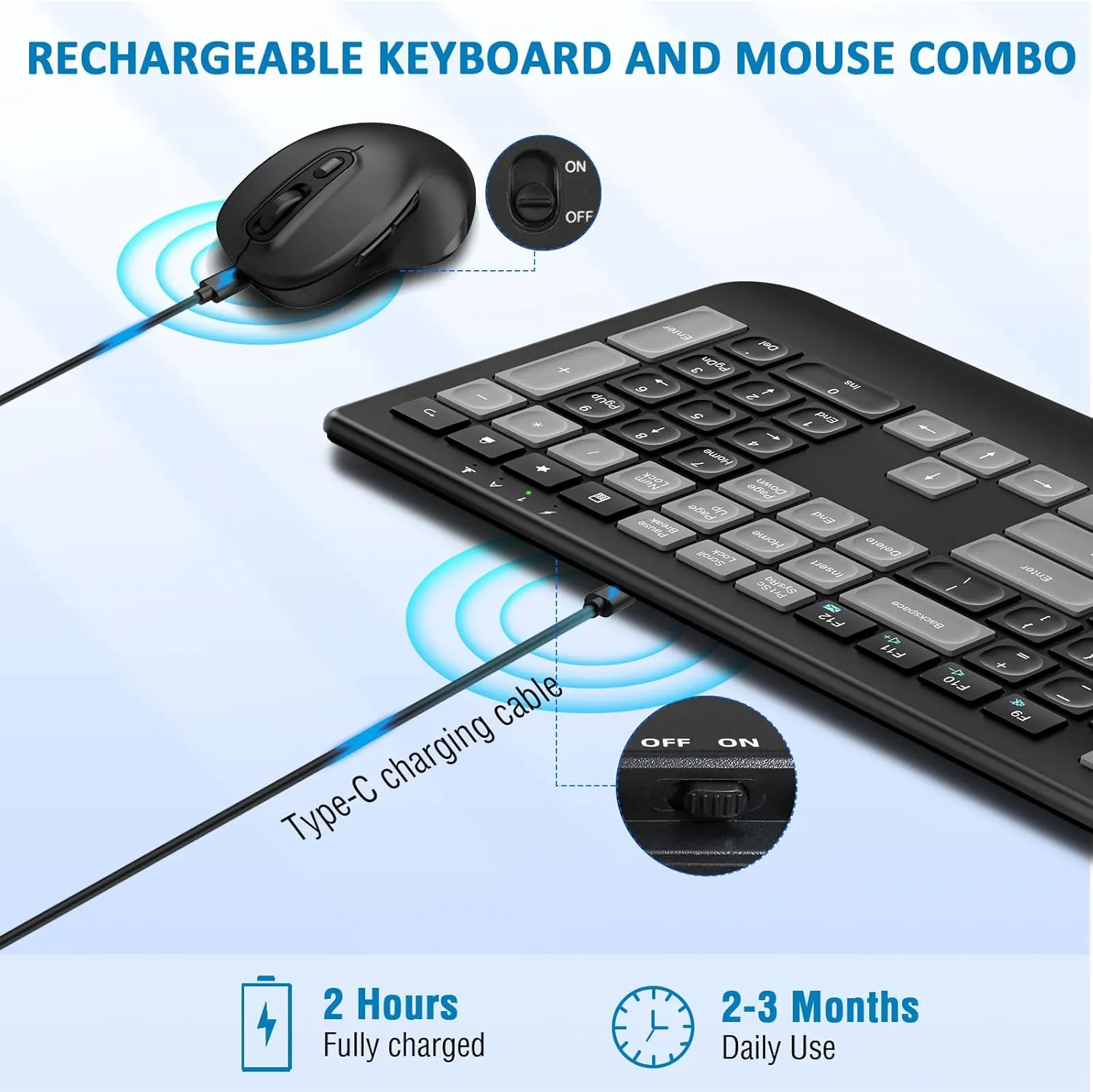 Wireless Keyboard and Mouse Combo Rechargeable, Full-Sized 2.4GHz Wireless Keyboard with Comfortable Palm Rest and 3 Level Adjustable DPI Wireless Mouse for Windows, MacOS PC/Desktop/Laptop(BlackGrey)