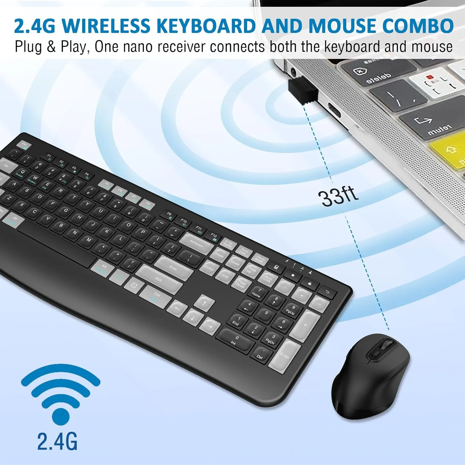 Wireless Keyboard and Mouse Combo Rechargeable, Full-Sized 2.4GHz Wireless Keyboard with Comfortable Palm Rest and 3 Level Adjustable DPI Wireless Mouse for Windows, MacOS PC/Desktop/Laptop(BlackGrey)