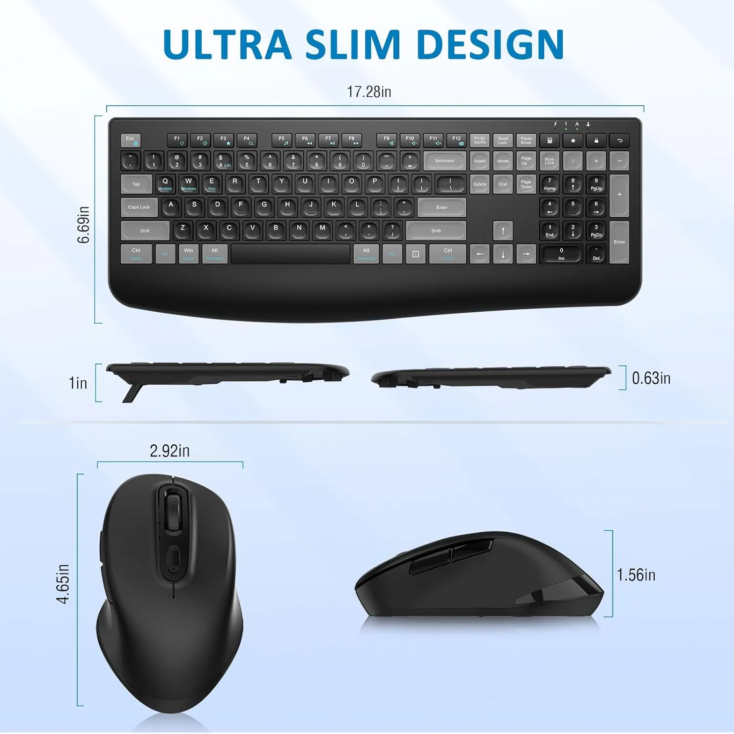 Wireless Keyboard and Mouse Combo Rechargeable, Full-Sized 2.4GHz Wireless Keyboard with Comfortable Palm Rest and 3 Level Adjustable DPI Wireless Mouse for Windows, MacOS PC/Desktop/Laptop(BlackGrey)