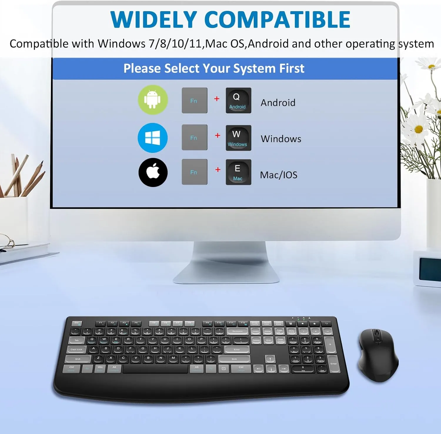 Wireless Keyboard and Mouse Combo Rechargeable, Full-Sized 2.4GHz Wireless Keyboard with Comfortable Palm Rest and 3 Level Adjustable DPI Wireless Mouse for Windows, MacOS PC/Desktop/Laptop(BlackGrey)