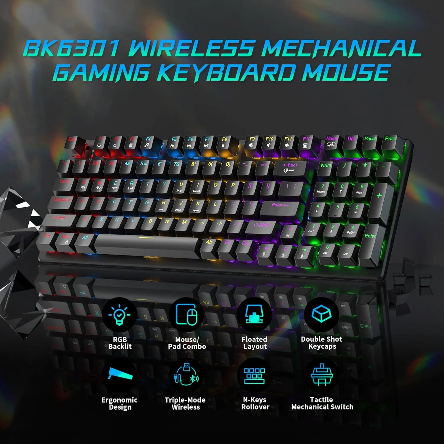 Wireless Mechanical Gaming Keyboard and Mouse, 98 Keys RGB Backlit Black Switch, Ergonomic Wireless Gaming Mice with Pad, 3-Mode USB-C/2.4G/BT5.0, Full Anti-Ghosting for PC Laptop Gamer