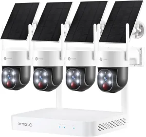 XMARTO 100% Wire-Free Solar PTZ Home Security Camera System Wireless, 4-Set 2K 4MP QHD CCTV Camera Kit with 4K 10CH Expandable WiFi NVR and Past 90-Day Video Storage, All-Weather Solar Charge