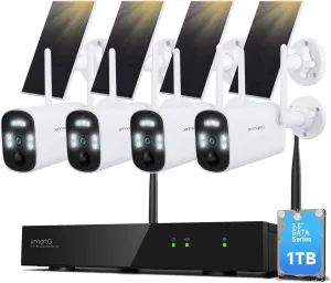XMARTO WiFi 6 Long Range Wire-Free Solar Home Security Camera System Wireless, 4-Set 4MP QHD CCTV Camera Kit with 4K 10CH Expandable WiFi NVR and 1TB HDD Storage (Suitable for Indoors/Outdoors)