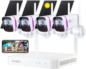 XMARTO WiFi 6 Wire-Free Solar Home Security Camera System Wireless, 4-Cam 4MP QHD CCTV Camera Kit with 10CH Expandable 4K WiFi NVR and Past 120-Day Video Storage, All-Weather Solar Charge (SCS-2K104)