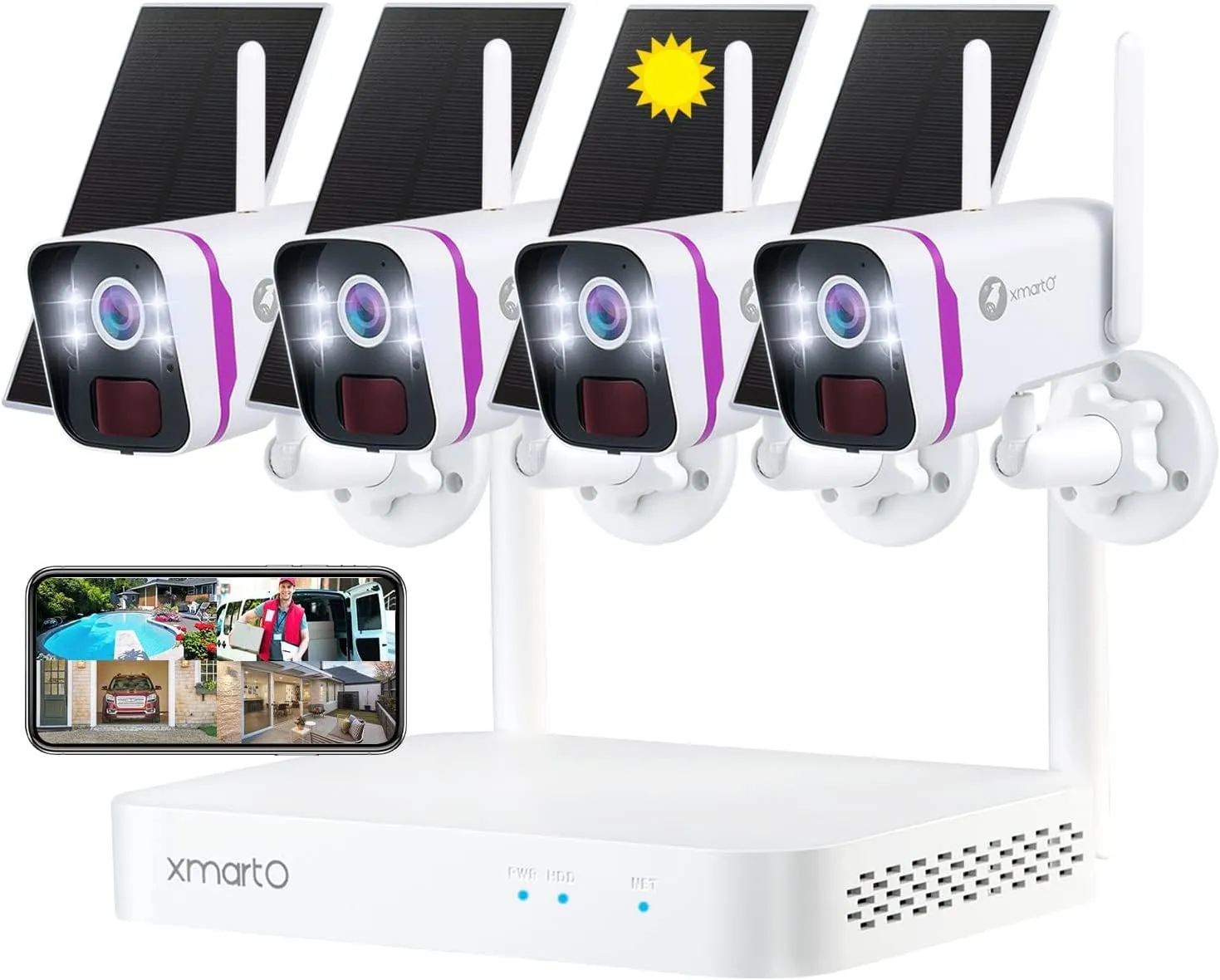 XMARTO WiFi 6 Wire-Free Solar Home Security Camera System Wireless, 4-Cam 4MP QHD CCTV Camera Kit with 10CH Expandable 4K WiFi NVR and Past 120-Day Video Storage, All-Weather Solar Charge (SCS-2K104)
