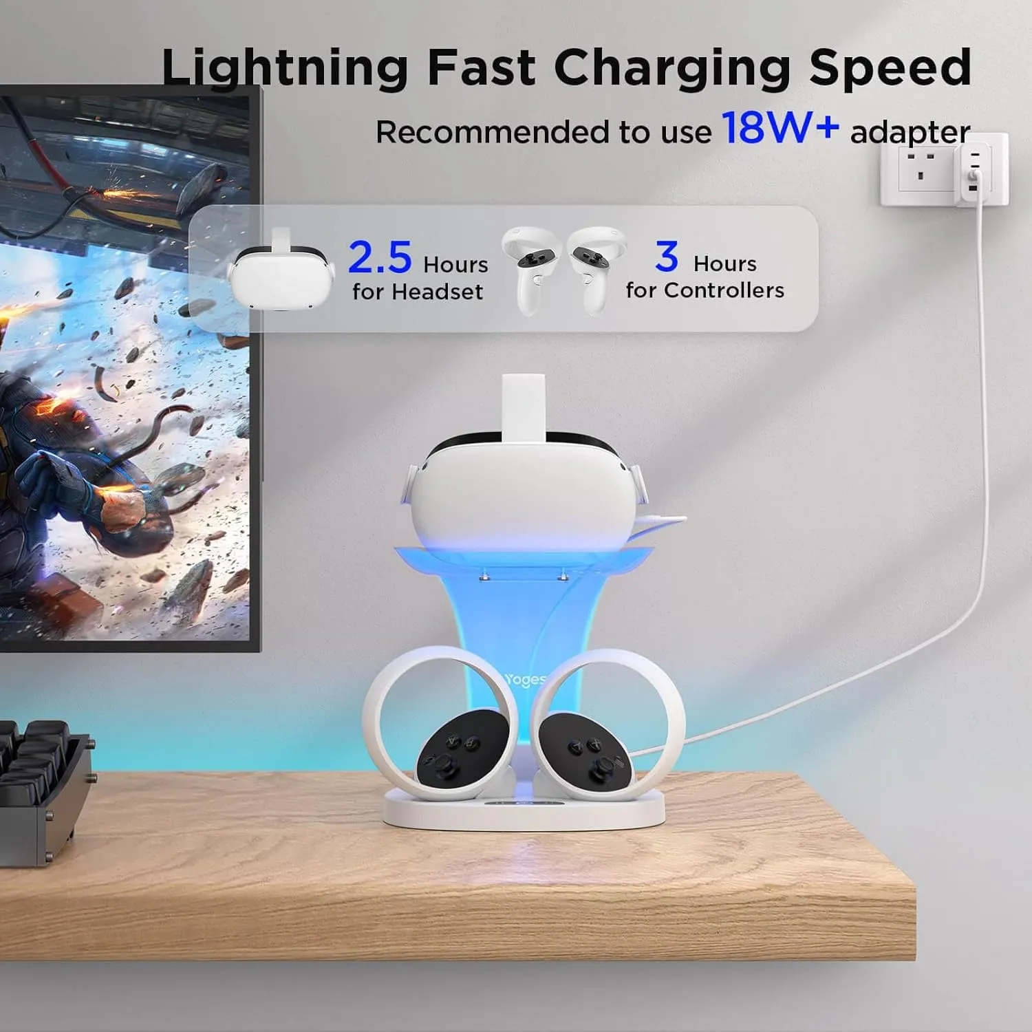 YOGES Charging Dock for Meta Quest 2, Fast Charging Station for Oculus Quest 2 & Controllers with 2 Rechargeable Batteries, VR Charging Stand Accessories for Quest 2, Support Elite Strap (Pure White)