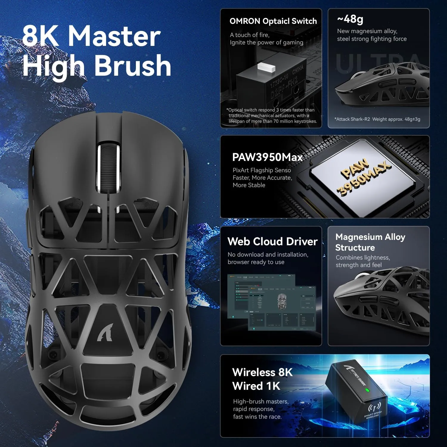 ZIYOU LANG Attack Shark R2 Wireless Gaming Mouse, Superlight Magnesium Alloy, PAW3950 42000 DPI Optical Sensor, 8000Hz Polling Rate, 2.4G/BT/Wired Programmable Mice for Win Mac Gamer (Black)