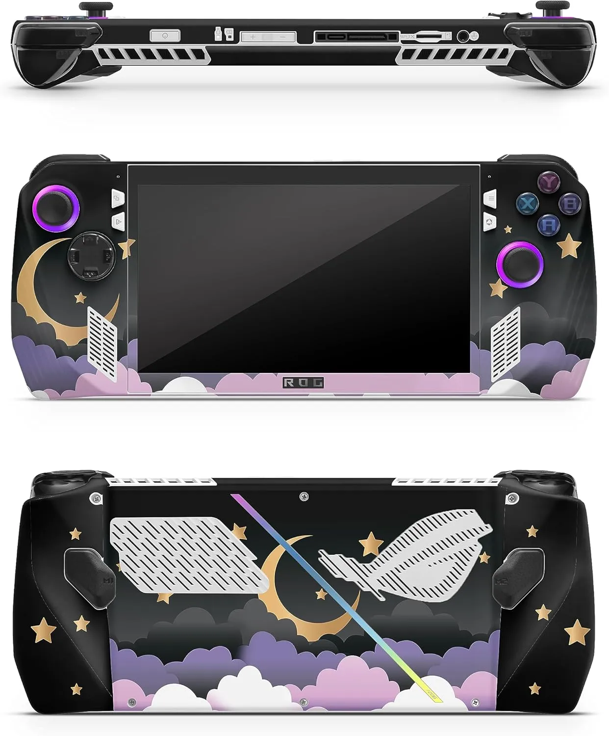ZOOMHITSKINS Compatible for ROG Ally Skin, Moon Black Sky Star Anime Kawaii Cute Purple Cloud Golden Stars Night, Durable 3M Vinyl Sticker, Made in The USA