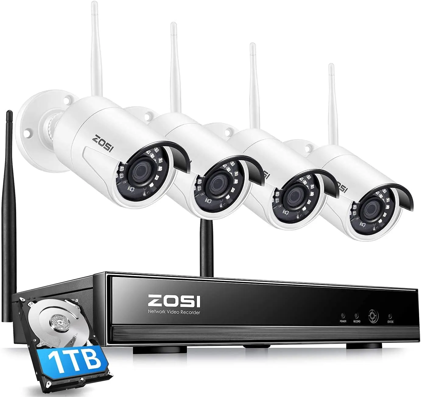 ZOSI H.265  8CH 1080P Wireless Security Cameras System HD Network IP NVR with 1TB Hard Drive and 4pcs 2.0MP 1080P HD IP Surveillance Cameras (Renewed)